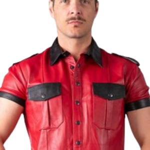 Slim Fit Leather <b>Shirt</b> <b>Red</b> <b>and</b> <b>Black</b> <b>Mens</b> Faux Leather Short Sleeve Fetish Button Down Top - Product Image 5
