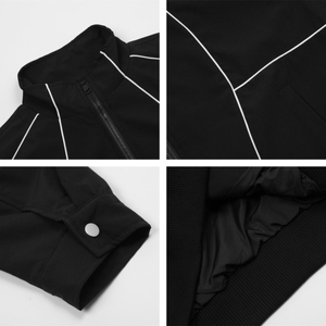 Blouson bombardier noir unisexe Streetwear léger manteau zippé avec passepoil blanc contrasté et poche utilitaire - Product Image 2