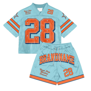 Ensemble deux pièces streetwear pour homme, été, respirant, imprimé vintage, maille, coupe courte, style boxy, FC Clothing - Product Image 1