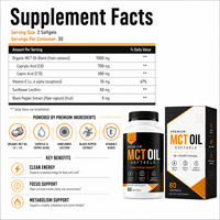 Capsules d'huile MCT Keto Friendly 1000mg, source noix de coco, acide caprylique C8 pour un soutien énergétique propre, fabriqué en usine certifiée GMP