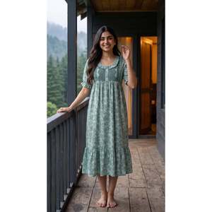 Premium Women's Midi Nighty <b>Dress</b> in Tencel and Bamboo Blend Solid Pattern with <b>Elastic</b> <b>Waist</b> - Product Image 4