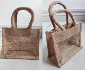 2024 logotipo personalizado impreso Eco reciclado Natural plegable reutilizable PVC ventana cesto yute arpillera bolsa de regalos de yute - Product Image 3