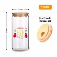 Gobelet à eau en verre borosilicate avec logo personnalisé, 500 ml, design de Noël, tasse en verre avec couvercle en bambou