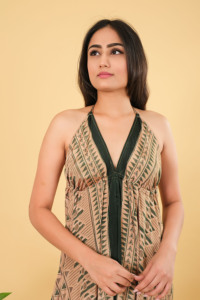 Handmade <b>Silk</b> <b>Maxi</b> <b>Dress</b> with Retro Vintage Floral Print V-Neck Fitted Burst and Tie Neck Summer Wear Floral Printed <b>Dress</b> - Product Image 5