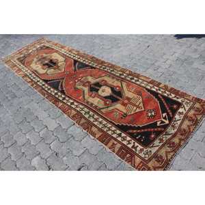 3.3x11.5 ft Rug, Vintage Turkish Rug, <b>Red</b> Patchwork <b>Wool</b> Rug - Product Image 2
