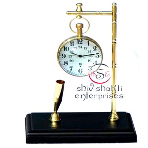Horloge de bureau en laiton nautique avec porte-stylo décor de Table de bureau à domicile horloge de créateur Vintage cadeau de collection - Product Image 1