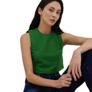 Best Selling Women Sleeveless Crop <b>Top</b> Solid Green Cotton Blend High Neck Casual Summer <b>Tank</b> OEM Private Label Wholesale Apparel - Product Image 5