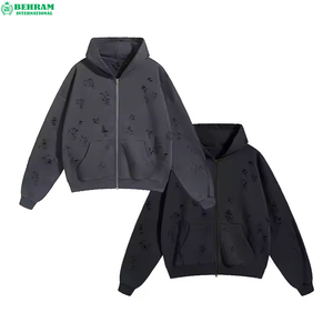 Nouvel Arrivage Sweat à Capuche Unisexe Thermique Personnalisé avec Fermeture Éclair, 420 g/m², Coupe Droite, Ourlet Brut, Oversize, Effet Délavé Soleil et Broderie Vieillie - Product Image 2