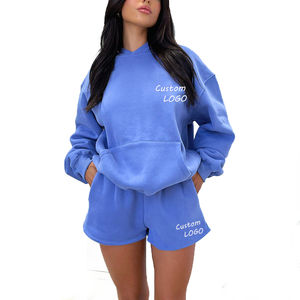 Conjunto personalizado de tallas grandes sólido ajustado Sudadera con capucha y pantalones cortos para mujer 100% algodón ropa deportiva chándal - Product Image 3