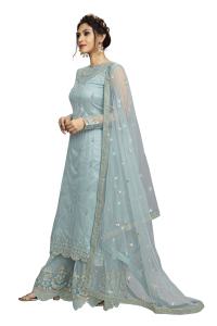 Trendmalls Ensemble de costume Salwar brodé en filet ethnique pour femme Kurta Sharara avec Dupatta pour mariage (G76-SkyBlue) - Product Image 5