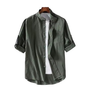 Chemise Homme en Coton et Lin à Manches Trois-Quarts de Haute Qualité, Infroissable, Respirante, Col Montant, Couleur Unie – Vente en Gros - Product Image 3
