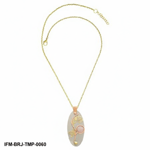 Collier pendentif ovale en métal mélangé tricolore fait à la main, design floral artisanal en or rose et argent sur pierre grise mate - Product Image 3