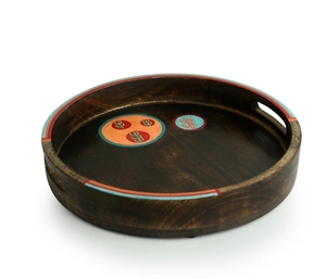 Oasis Sert Plateau de service rond peint à la main en bois de manguier Plateau de service décoratif en bois de manguier Farmhouse & Vintage Centerpiece - Product Image 4