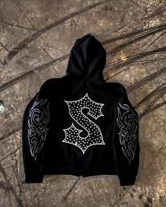 Personalizado de gran tamaño Boxy Fit Zip Up Crystal Rhinestone Sudadera con capucha para los hombres Vintage Wash Sun Faded Heavyweight 400 GSM cremallera Sudadera con capucha - Product Image 6