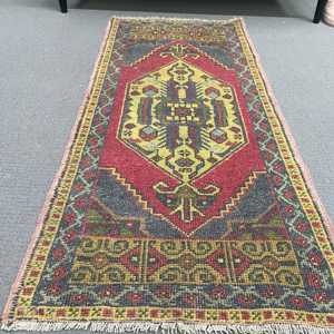 Turkish 2x4.2 ft Rug, Small Vintage Rug, Red <b>Yellow</b> Southwestern Rug - Product Image 2