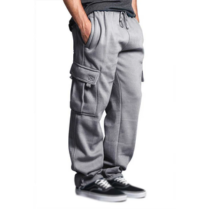 กางเกงคาร์โก้ขายาวลำลอง6กระเป๋าของผู้ชายกางเกงผ้าคอตตอนผ้าฟลีซเอวปานกลางแบบตรงย้อมสีเรียบหลากสี - Product Image 1