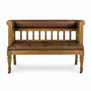 Solid Wood Midcentury Modern Chesterfield <b>Bench</b> Sofa | Velvet Leather Upholstered Two Seat | Entry Apartment Villa Hotel <b>Indoor</b> - Product Image 1