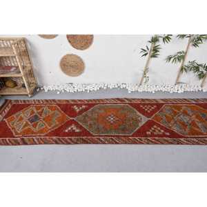 2.8x10.3 ft Vintage Rug, Turkish <b>Runner</b> Rug, <b>Red</b> Orange Solid Wool Rug - Product Image 3