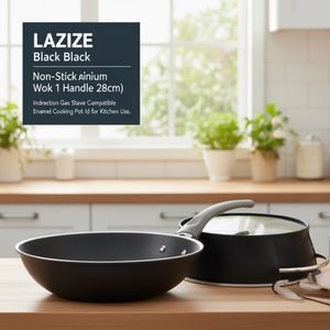 Wok in Alluminio Antiaderente Smaltato con Manico Singolo (28cm) Adatto <span class=keywords><strong>per</strong></span> Gas e <span class=keywords><strong>Induzione</strong></span> Nero Prodotto in Italia LAZISE 1008454 - Product Image 3