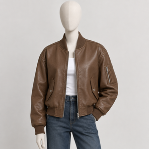 Blouson aviateur en cuir véritable marron, col montant, manches longues, poches plaquées, coupe classique pour adulte, style automne - Product Image 3