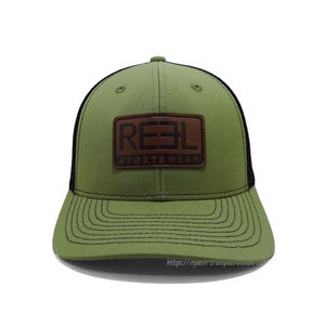 Custom Relieve/Debossed Logo Olive Trucker Sombreros Parche de cuero Trucker Sports Caps Wholesale Vietnam - Product Image 2