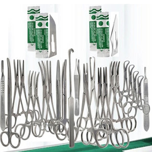 All-in-<b>One</b> 43pcs Veterinary Student Training Kit Manual Scissors Forceps Hemostats Needle Holder Backhaus Clamps & Extra <b>Blades</b> - Product Image 1