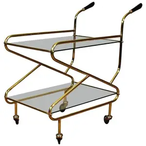 Metal Liner Design decorativo Home Decor Metal Kitchen Trolley com 2 camadas de vidro dourado e preto