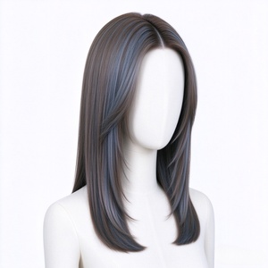 Perruque en cheveux humains lisses, marron avec reflets bleu cendré, coupe droite à la clavicule, avec frange rideau - Product Image 6