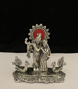 Nouvelle arrivée, statue de Radha Krishna en métal argenté plaqué argent, artisanale, avec motif de paon sur le côté, pour la décoration de la maison et les cadeaux - Product Image 2