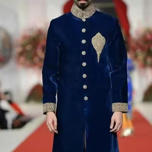 2024 Men's BEAUTIFUL DECENT EMBROIDERY GROOM SHERWANI VELVET <b>SHOE</b> <b>EMBELLISHED</b> CRYSTAL GLASS BEADSSTONE DABKA WORK PLUS SIZE - Product Image 1