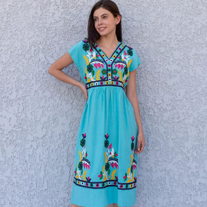 Robe mexicaine à fleurs brodées, tendance et très vendue, manches courtes, longueur genou, style doux, tissage tissé, taille unique, plage, commande - Product Image 1