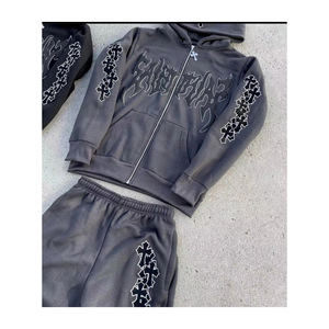 OEM personnalisé de haute qualité lavage à l'acide Zip Survêtement pour hommes Vintage Coton Patch Soleil Délavé Tissu polaire en détresse Logo de grande taille - Product Image 5