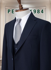 Costume d'affaires en laine bleu marine pour homme, croisé, col mandarin, coupe droite, infroissable, braguette boutonnée, style britannique en laine peignée - Product Image 5