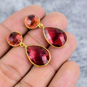 Boucles d'oreilles pendantes en rubellite, pierre précieuse, fabrication artisanale, argent sterling 925 plaqué or, fermoir à pression, cadeau de mariage, bijoux pour femmes - Product Image 1