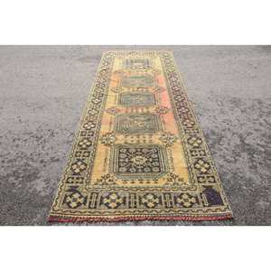 Tapis traditionnel en laine patchwork jaune noir fait à la main 4.3x10.9 pieds Rectangle en latex pour salon chambre couloir Style turc - Product Image 1