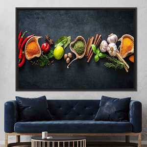Tableau sur toile imprimé moderne : Design graphique élégant pour cuisine aux épices, toile encadrée noire - Product Image 1