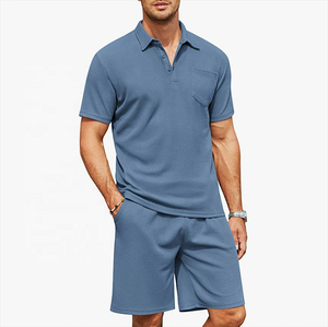 Polo et short en tricot gaufré pour homme Ensemble 2 pièces Survêtement d'été décontracté avec poches Respirant Grande taille pour homme - Product Image 6