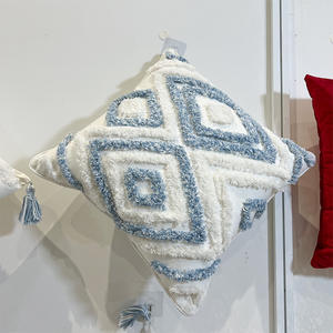Cotton Woven Boho Throw Pillow Covers Tufted Blue Decorative Square Pillowcases Covers Tassels Embroidery Cushion Cover Pillow - Product Image 5