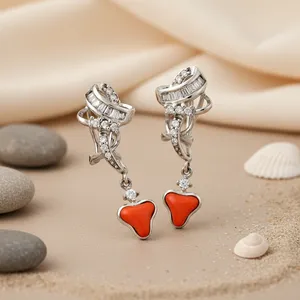 Boucles d'oreilles pendantes tendance pour femmes en argent avec pierre rouge, pendentif en cuivre et acier inoxydable en forme de croix, excellent cadeau pour les femmes - Product Image 1