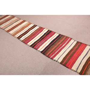 Vintage Turkish Rug, 2.5x13.8 ft Kilim Rug, <b>Brown</b> Red Abstract <b>Wool</b> Rug - Product Image 4
