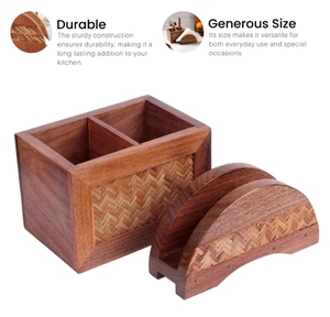 Hand Crafted Acacia Wood Chatai Cutlery & Tissue Holder Set Utensil Caddy Countertop Cutlery Holder Fork Spoon Knife Organizer - Product Image 4