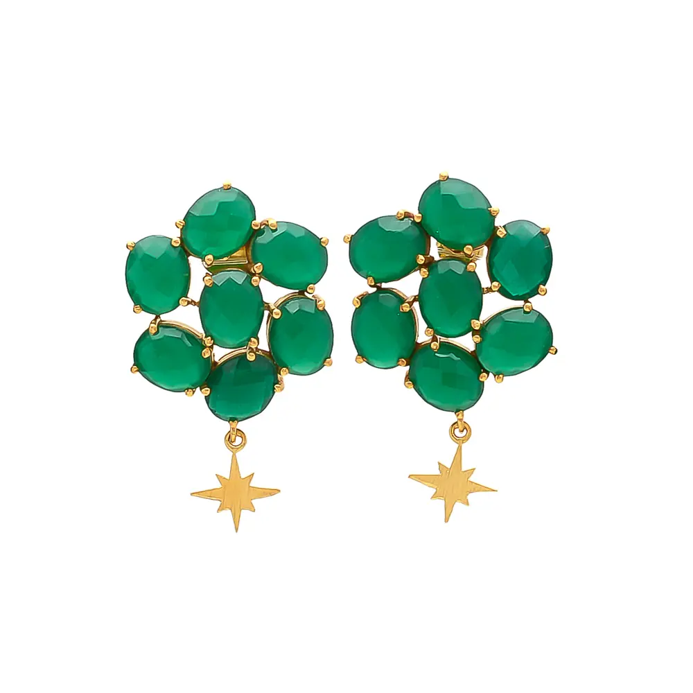 New Arrival Green Onyx Gemstone Brass Earring Oval Shape 8*10 mm Gemstone Gold Plated Brass Earring Designer Brass Jewelry