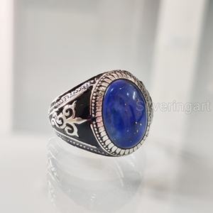 Vente en gros de bagues pour hommes, pierres précieuses afghanes naturelles, lapis lazuli, pierre de naissance, bijoux arabes de toutes tailles, bague en argent sterling 925 - Product Image 2