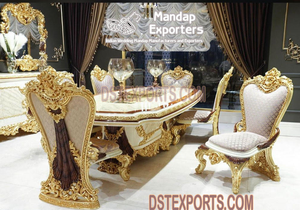 Juego de comedor de madera de teca pulida y dorada, conjunto de muebles de diseño de gran mansión, mesa de comedor con 6 asientos tallados - Product Image 5