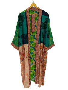 Fait à la main indien Vintage soie recyclée Sari Kimono Patchwork Kimono Robe Bikini couvrir vêtements de nuit longue Robe, - Product Image 5