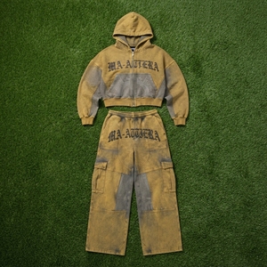 Custom Women Acid Wash Khaki Gray <b>Cropped</b> Zip Hoodie Cargo <b>Jogger</b> Set Cotton Fleece Streetwear Tracksuit OEM Wholesale - Product Image 6