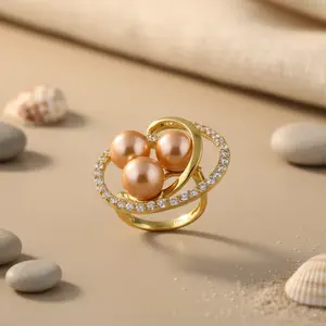 Bague tendance pour femme en plaqué or rose avec perles et pierres CZ, incrustation 18K, bague ouverte en alliage, forme diamant taillé, style mode - Product Image 3