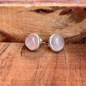 Handmade <b>Sterling</b> <b>Silver</b> <b>Stud</b> <b>Earrings</b> with Natural Rose Quartz Gemstones Round Cabochon Design - Product Image 2