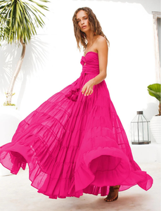 Robe maxi bohème à manches longues rose bonbon pour femmes, robe de plage à volants superposés, robe de vacances - Product Image 3
