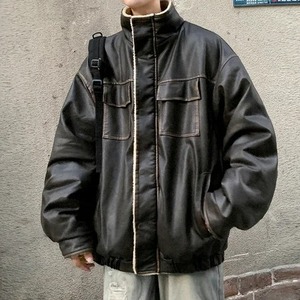 American Vintage Thicken Plus <b>Velvet</b> Pu Puffer <b>Jacket</b> <b>Men</b> Casual Warm Fleece Faux Leather Parkas <b>Mens</b> Winter Bubble Coat - Product Image 6